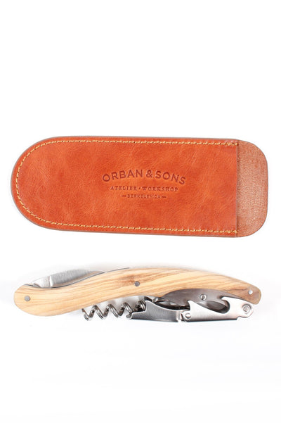 ORBAN & SONS LARGE OLIVEWOOD CORKSCREW WITH LEATHER POUCH
